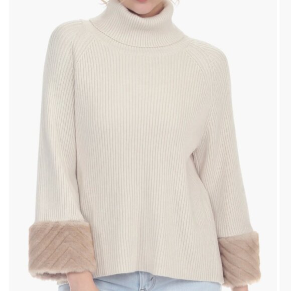 RAIN AND ROSE Beige Neutral Faux Fur Cuff Turtleneck Sweater - Picture 1 of 9
